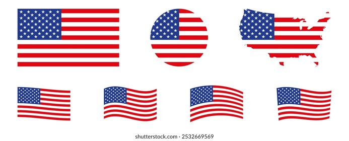 Conjunto de ícones de sinalizador dos EUA. Listras bandeiras Estados Unidos com estrelas. 4 de julho, Veterano e Memorial day vetor banner. Símbolo nacional americano isolado em fundo transparente.