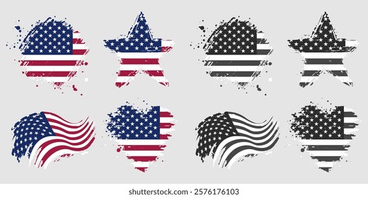 USA flag icon set. Stripes flags united states with stars. 4 July, Veteran and Memorial day vector banner. American national symbol isolated on transparent background. Vector illustration.
