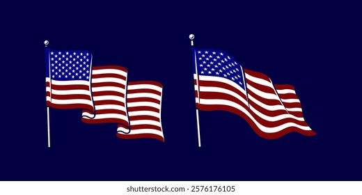 USA flag icon set. Stripes flags united states with stars. 4 July, Veteran and Memorial day vector banner. American national symbol isolated on transparent background. Vector illustration.
