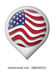 USA flag icon in the shape of pointer, map marker. Waving in the wind. Abstract american flag waving. US pattern. Paper cut style. Vector symbol, icon, button
