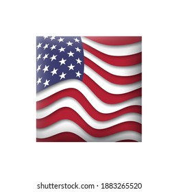 USA flag icon in the shape of square on white background. Waving in the wind. Abstract american flag waving. US pattern. Paper cut style. Vector symbol, pocter, icon, button
