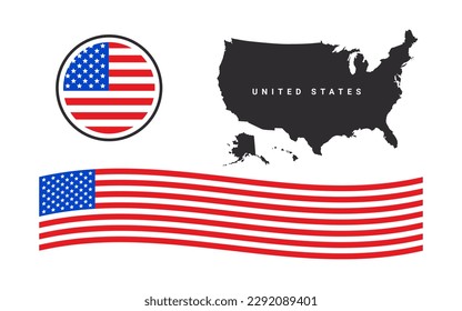 USA flag icon, wavy flag, USA map. Vector scalable graphics
