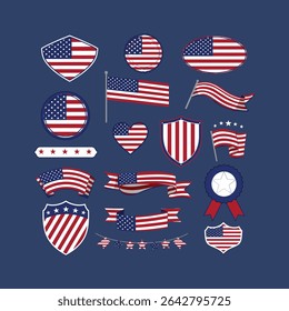 "USA Flag Icons and Badge Set – Patriotic American Symbols in Heart, Shield, Banner, and Star Designs"