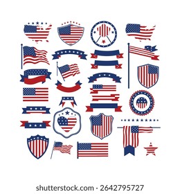 "USA Flag Icons and Badge Set – Patriotic American Symbols in Heart, Shield, Banner, and Star Designs"