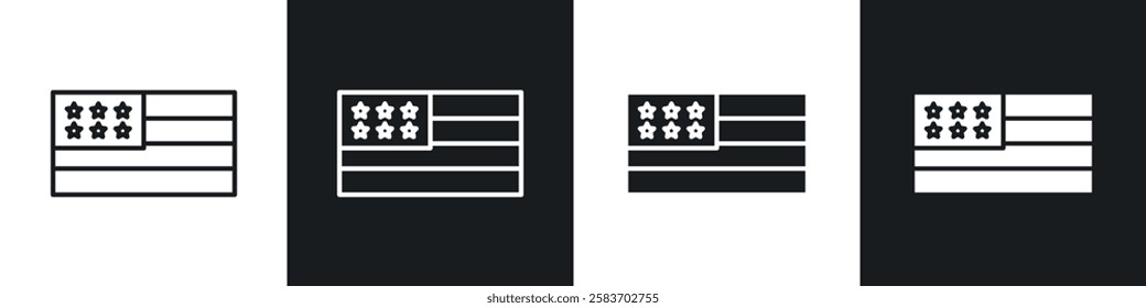 USA flag icons collection in black and white filled and line versions