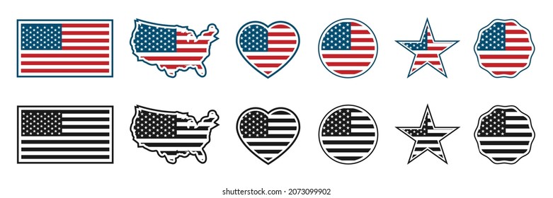usa flag icons set in different shapes, national symbol of the United States of America