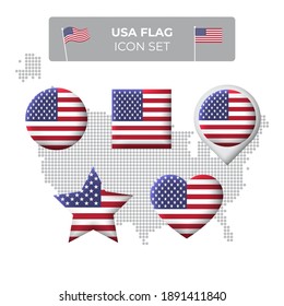 USA flag icons set in the shape of square, heart, circle, stars and pointer, map marker. USA mosaic map. American flag. US vector symbol, icon, button