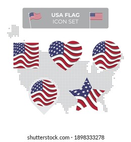 USA flag icons set in the shape of square, heart, circle, stars and pointer, map marker. USA mosaic map. American flag waving in the wind. Paper cut. US vector symbol, icon, button
