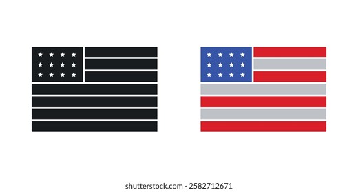 USA flag icons set vectors black and colored style