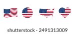 USA flag icons vector set. United States of America flat badges.Flag of usa vector flat symbol collection.USA flag labels set.Set of American flag icons in the shape of heart.