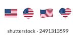 USA flag icons vector set. United States of America flat badges.Flag of usa vector flat symbol collection.USA flag labels set.Set of American flag icons in the shape of heart.
