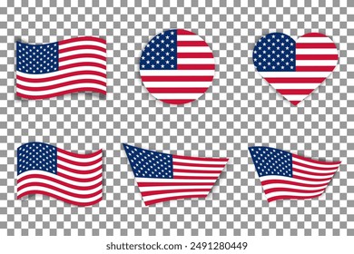 USA flag icons vector set. United States of America flat badges .Flag of usa vector flat symbol collection .USA flag labels set. Set of American flag icons isolated on transparent background.
