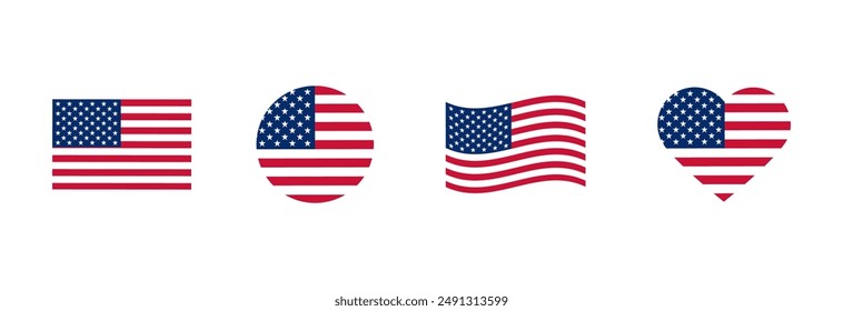 USA flag icons vector set. United States of America flat badges.Flag of usa vector flat symbol collection.USA flag labels set.Set of American flag icons in the shape of heart.