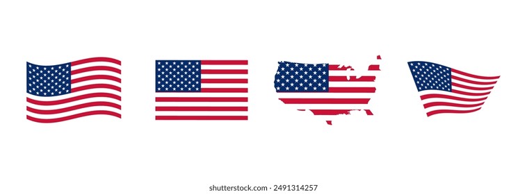 Iconos de la bandera de EE.UU. conjunto de Vectores. Insignias de bandera de Estados Unidos de América. colección de Vector de bandera de Estados Unidos. Conjunto de iconos de bandera de Estados Unidos