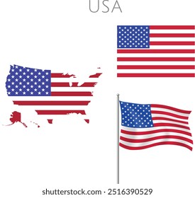 Conjunto de Vector de iconos de bandera de EE. UU. Bandera de Estados Unidos de América colección de símbolo plano de Vector de EE. UU. Mapa de EE.UU. dentro de 2 mapas . Conjunto de iconos de la bandera americana en forma de rectangular 