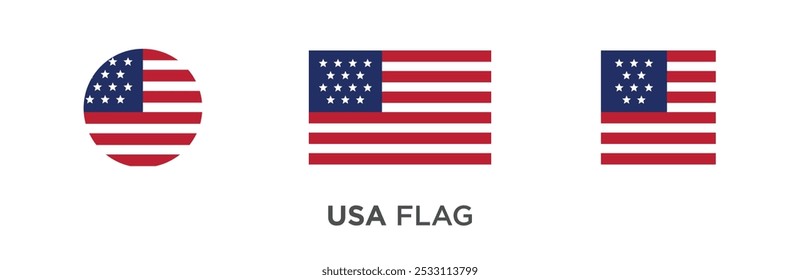 Conjunto de vetores de ícones de sinalizador USA. Estados Unidos da América distintivos planos. Bandeira da coleção de símbolos simples vetoriais dos EUA.