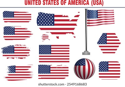 Conjunto de vetores de ícones de sinalizador USA. Estados Unidos da América Brush estilo coleção Bandeira. Conjunto de rótulos de sinalizador USA. Conjunto de ícones de bandeiras americanas em diferentes formas