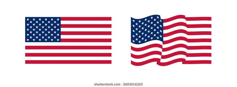 USA flag icons vector set. United States of America flat badges .Flag of USA flat symbol collection .American waving flag labels set. 4th of July and Memorial Day elements.