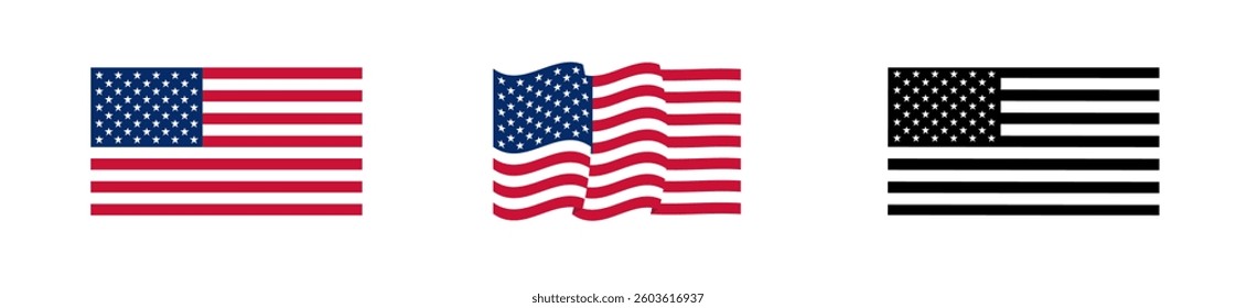 USA flag icons vector set. United States of America flat badges .Flag of USA flat symbol collection .American waving flag labels set. 4th of July and Memorial Day elements.
