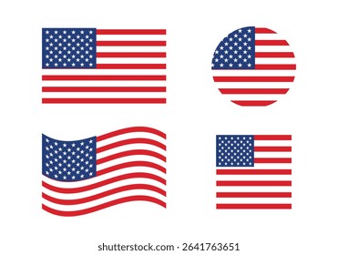 USA flag icons vector set. United States of America flat badges .Flag of usa vector flat symbol collection .USA flag labels set. Set of American flag icons isolated on transparent background.
