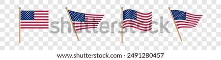 USA flag icons vector set. United States of America flat badges .Flag of usa vector flat symbol collection .USA flag labels set. Set of American flag icons isolated on transparent background.