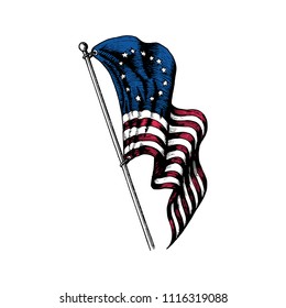 USA flag illustration in engraved style. Vector design of Independence Day of United States of America. Used for Fourth of July greeting card, banner etc.