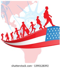 USA flag with immigration people on american map.illustration 