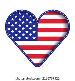 USA Flag Independence Memorial Labor Day Button Heart Love sign symbol Star Stripes United States of America Country Isolated Nation 3D Paper Stencil Card Icon Vector Illustration