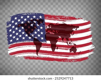 USA Flag isolated. Flag of USA, brush stroke background with world map. Flag United States of America on transparent background. Flag USA for your web site design, logo, app, UI. Stock vector.  EPS10.