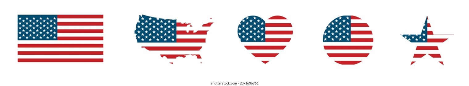 USA flag . Isolated set of American national flag icons . Vector illustration on white background . Flag in circle, map, star and heart shapes . 4th july .