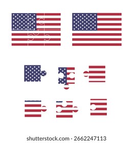 Fondo de rompecabezas de la bandera de EE.UU., Plantilla de rompecabezas de la bandera americana 2x3, aislado en blanco, Ilustración vectorial.