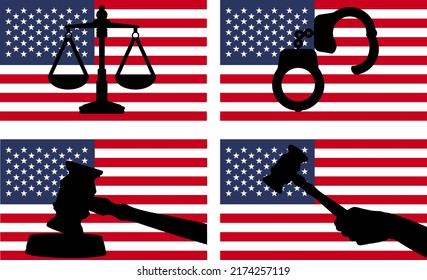 USA flag with justice vector silhouette, judge gavel hammer and scales of justice and handcuff silhouette on country flag, USA law concept, design asset, freedom idea