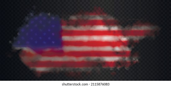 Usa flag made of 3d realistic vector smoke. American flag cloud piece: red, white stripes and hazy stars isolated on semi transparent dark background.