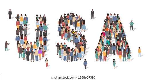 USA Flag Made Of Many People, Large Crowd Shape. Group Of People Stay In US Map Formation. United States Of America Infographic, Vector Illustration.