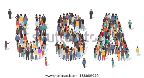 USA flag made of many people, large crowd\
shape. Group of people stay in US map formation. United States of\
America infographic, vector\
illustration.