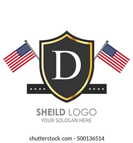 USA Flag made Sheild logo. American flag logo vector. Alphabet Logo. D logo template