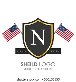 USA Flag made Sheild logo. American flag logo vector. Alphabet Logo. N logo template