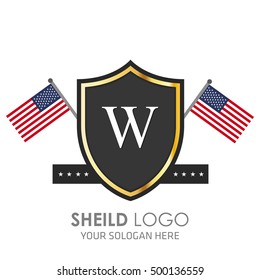 USA Flag made Sheild logo. American flag logo vector. Alphabet Logo. W logo template