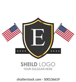 USA Flag made Sheild logo. American flag logo vector. Alphabet Logo. E logo template