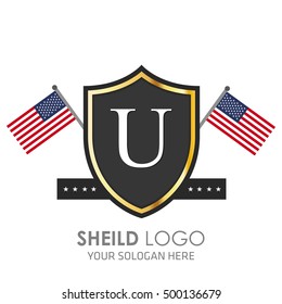 USA Flag made Sheild logo. American flag logo vector. Alphabet Logo. U logo template