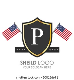 USA Flag made Sheild logo. American flag logo vector. Alphabet Logo. P logo template
