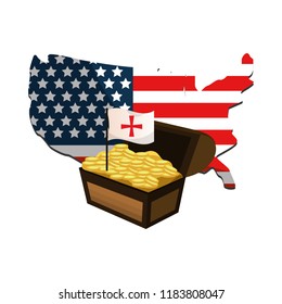 usa flag map and chest with gold coins
