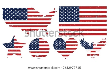 USA flag, USA map with flag mask, American flag with different shapes like star, love, eagle, round shape, United States flag art  vector illustration, colorful red and blue grunge dirty distressed 