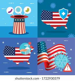 usa flag and map in set covid19 icons vector illustration design