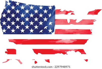 Bandera de EE.UU. en forma de mapa con pintura de pincel acuarela texturada.  Ilustración vectorial.