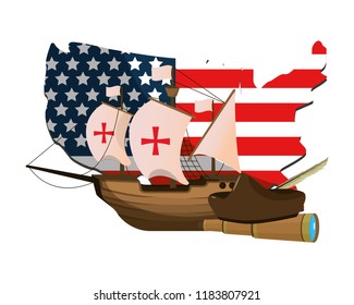 usa flag map with ship and monocular