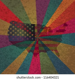 USA Flag in Map Silhouette with Colorful Rays and Texture Background Vector Illustration