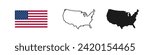 USA flag and map silhouette linear and black illustration. Vector