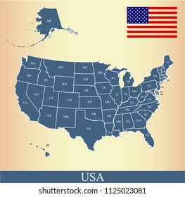 USA flag and map vector outline blue background. United States map with abbreviated states names and capital location and name, Washington DC.