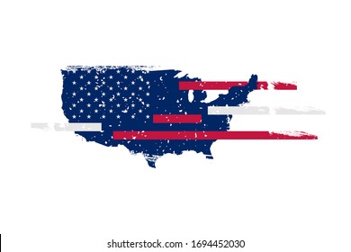 USA Flag and Map with white stars, red and blue stripes. Symbol of the United States of America in retro style with texture. Flat vector illustration EPS10